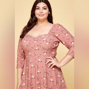 AUW Dusty Rose Floral Sweetheart Midi Skater Dress